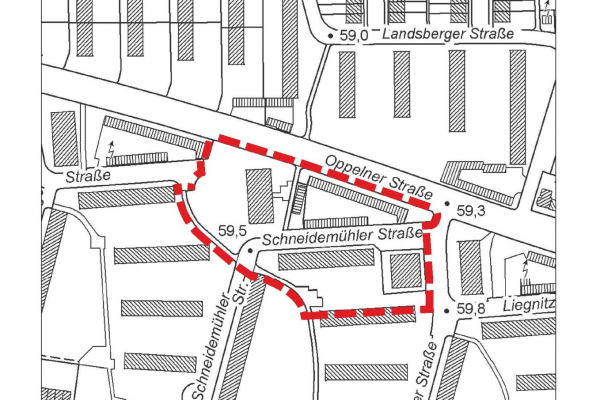 Das Bild zeigt den Planbereich des Bebauungsplans "Schneidemühler Straße"