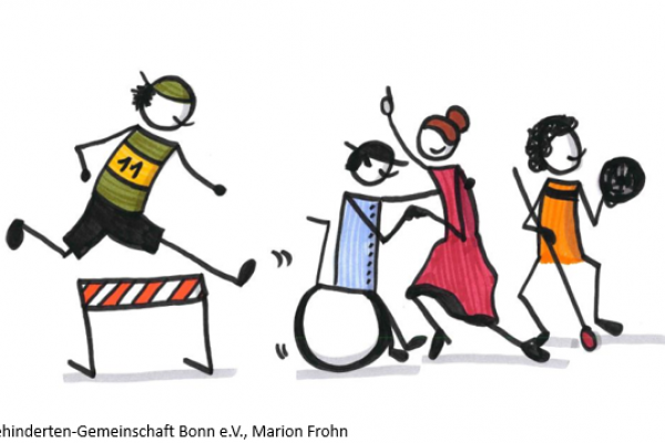 Das Bild zeigt vier Comic Figuren, die Sport treiben. Sie springen über eine Hürde, spielen Ball und tanzen. 