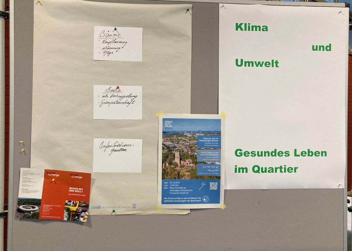 Eine Stellwand mit Ideen zu Klima und Umwelt. Bsp. Bäume, Beete, Informationsquellen