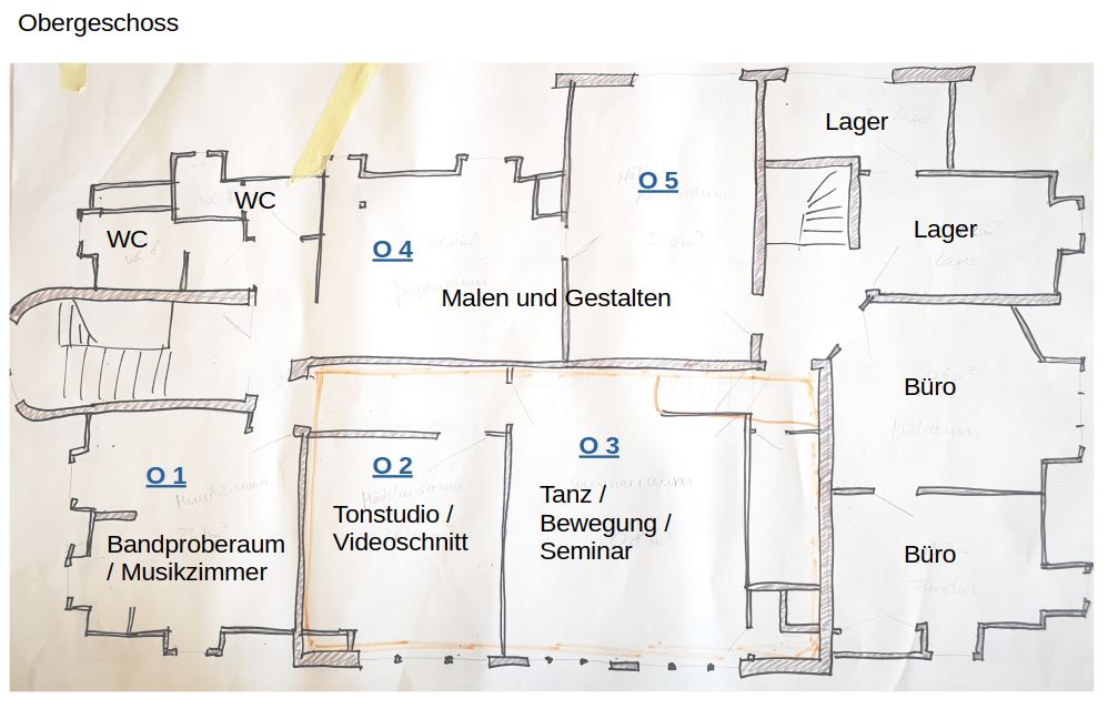 Gezeigt wird ein Plan des Obergeschosses des Hauses der Jugend, auf dem die Nutzungsmöglichkeiten der verschiedenen Räume angezeigt werden.