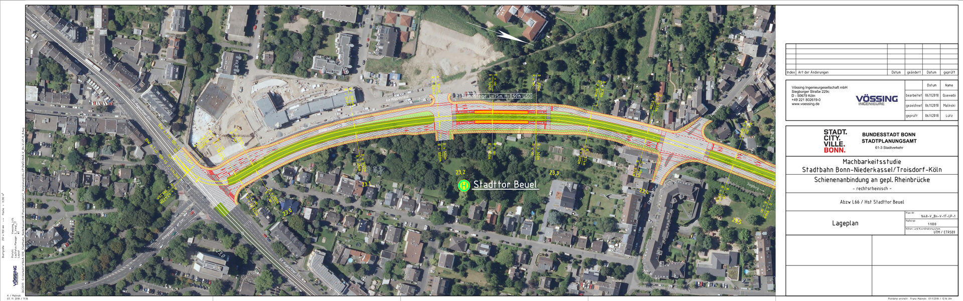 Vogelperspektive des Ortsteil Bonn Beuel. Mit einem großen H ist die Haltestelle Stadttor Beuel eingezeichnet. 