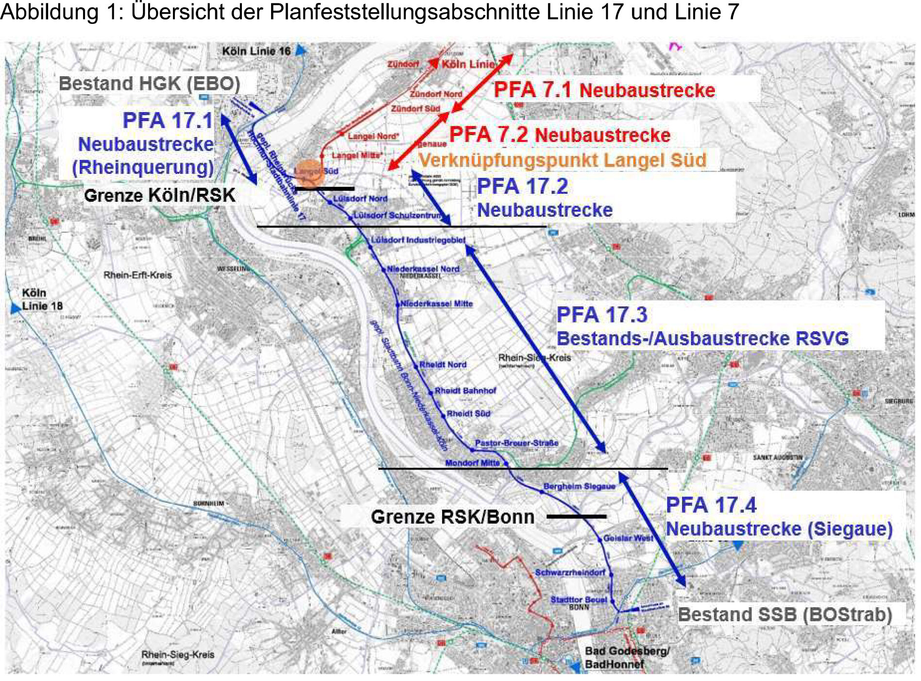 Zeichnung eines Stadtplans. Darin ist in den Farben rot und blau die Neubaustrecke und die Bestands-/Ausbaustrecke eingezeichnet.   