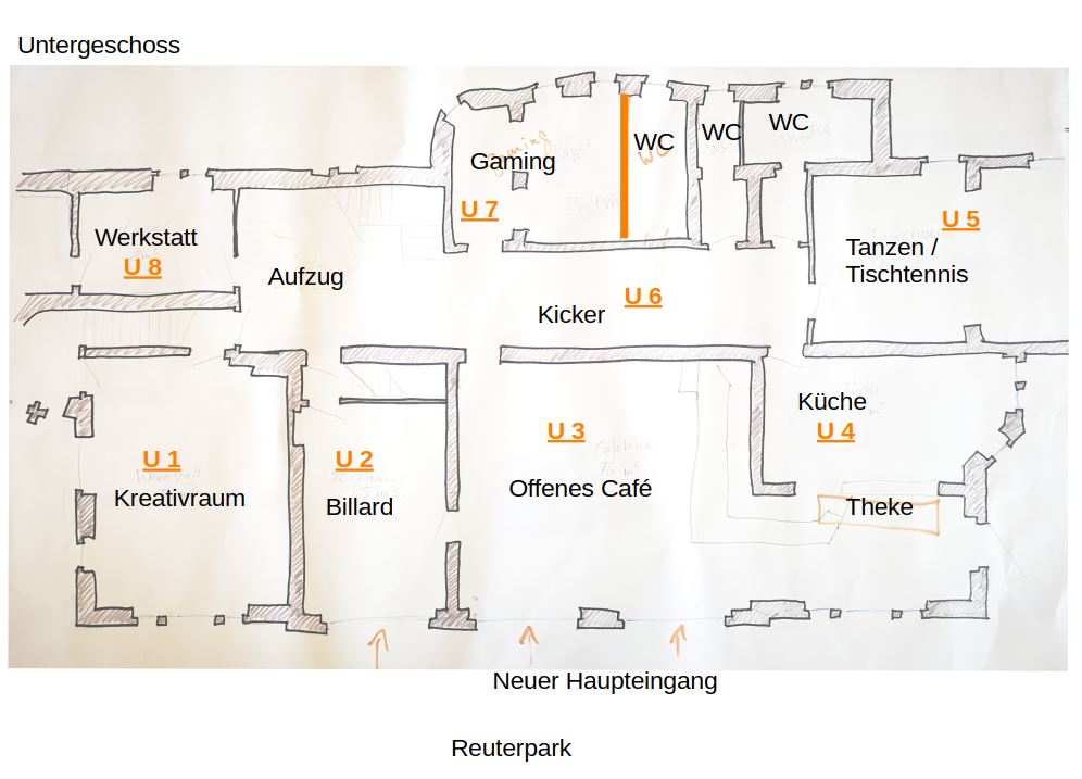 Gezeigt wird ein Plan des Untergeschosses des Hauses der Jugend, auf dem die Nutzungsmöglichkeiten der verschiedenen Räume angezeigt werden.