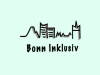 Das Logo zeigt den Schriftzug Bonn Inklusiv. Darüber ist eine Zeichnung eines Berges, eines Kirchturms und von Hochhäusern zu sehen, die die Stadt darstellen